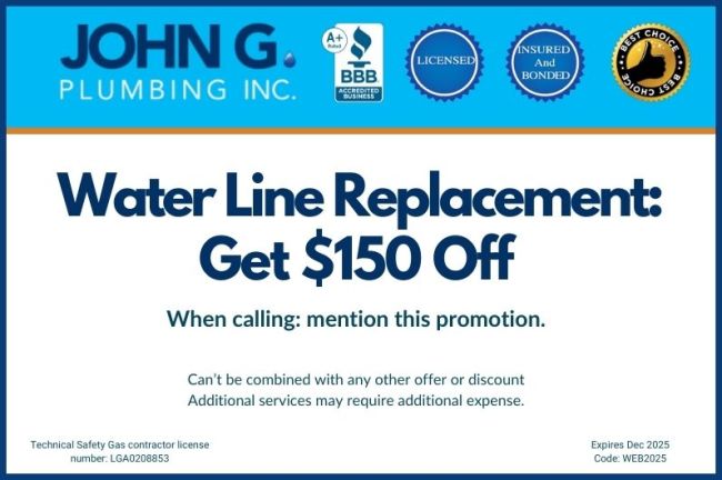 Water Line Replacement coupon, $150 off. Expires Dec 2024.