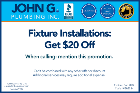 Plumbing fixtures installation coupon, $20 off. Expires Dec 2024.