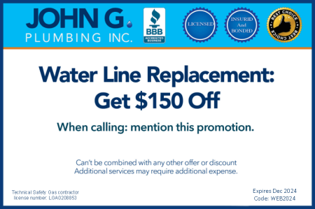 Water Line Replacement coupon, $150 off. Expires Dec 2024.