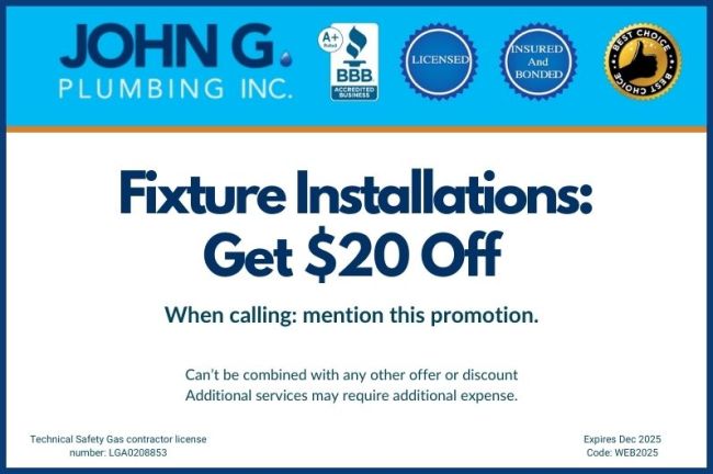 Plumbing fixtures installation coupon, $20 off. Expires Dec 2024.