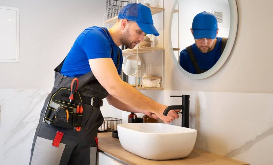 A plumber installing a water faucet in the bathroom.