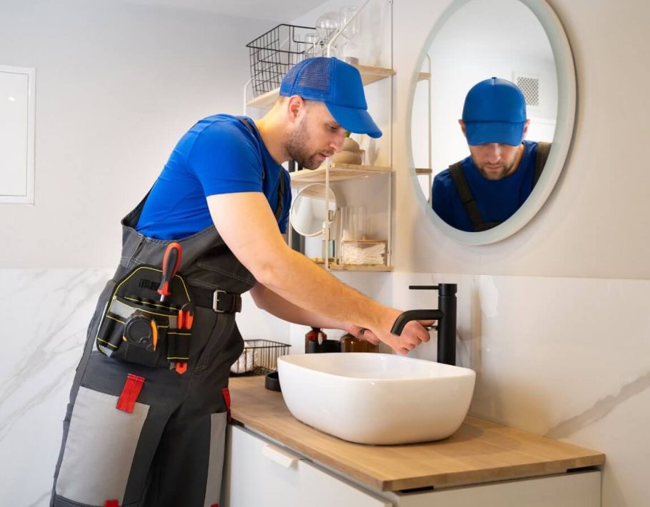 A plumber installing a water faucet in the bathroom.